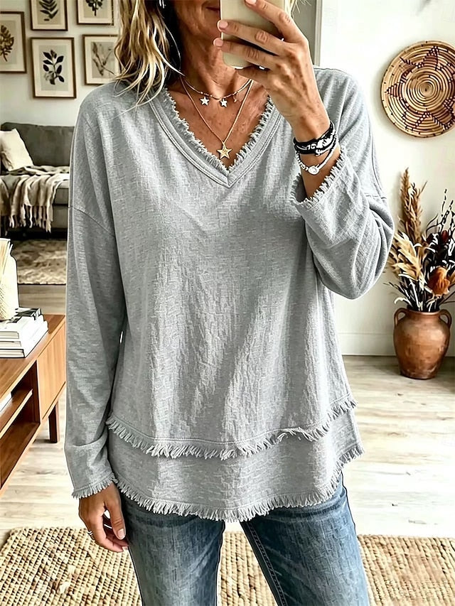 Women’s Fringe Trim V Neck Long Sleeve Top Casual Loose Fit Textured Blouse