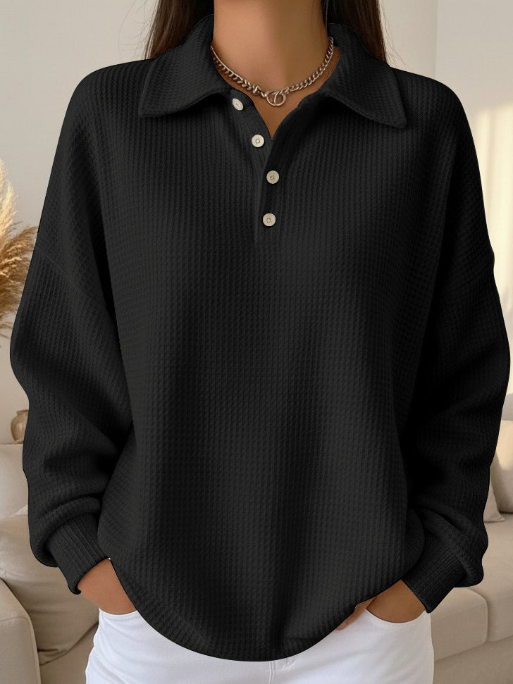 Women's Waffle Knit Collared Henley Pullover Long Sleeve Relaxed Fit Casual Top