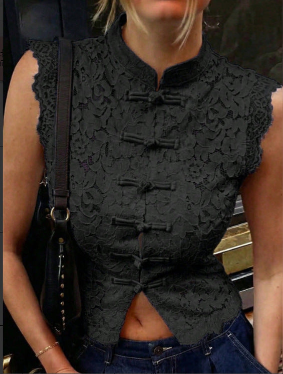 Women’s Chinese Frog Button Lace Sleeveless Mandarin Collar Crop Top