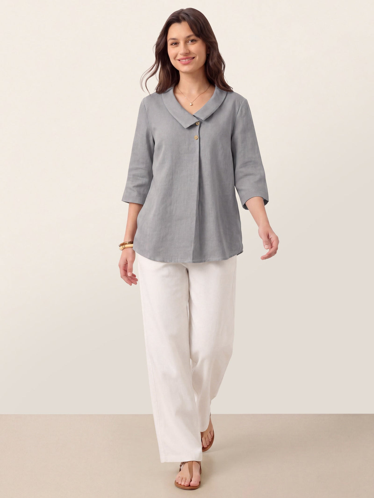 50% OFF | Women's Linen Long-Sleeve Top with Asymmetric Neckline & Inverted Pleat