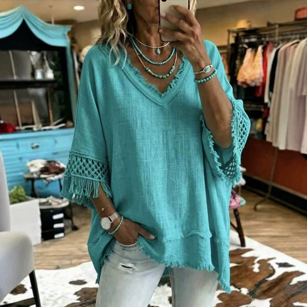 Women’s V-Neck Fringe Blouse, Crochet Lace 3/4 Sleeve Loose Boho Linen Textured Top