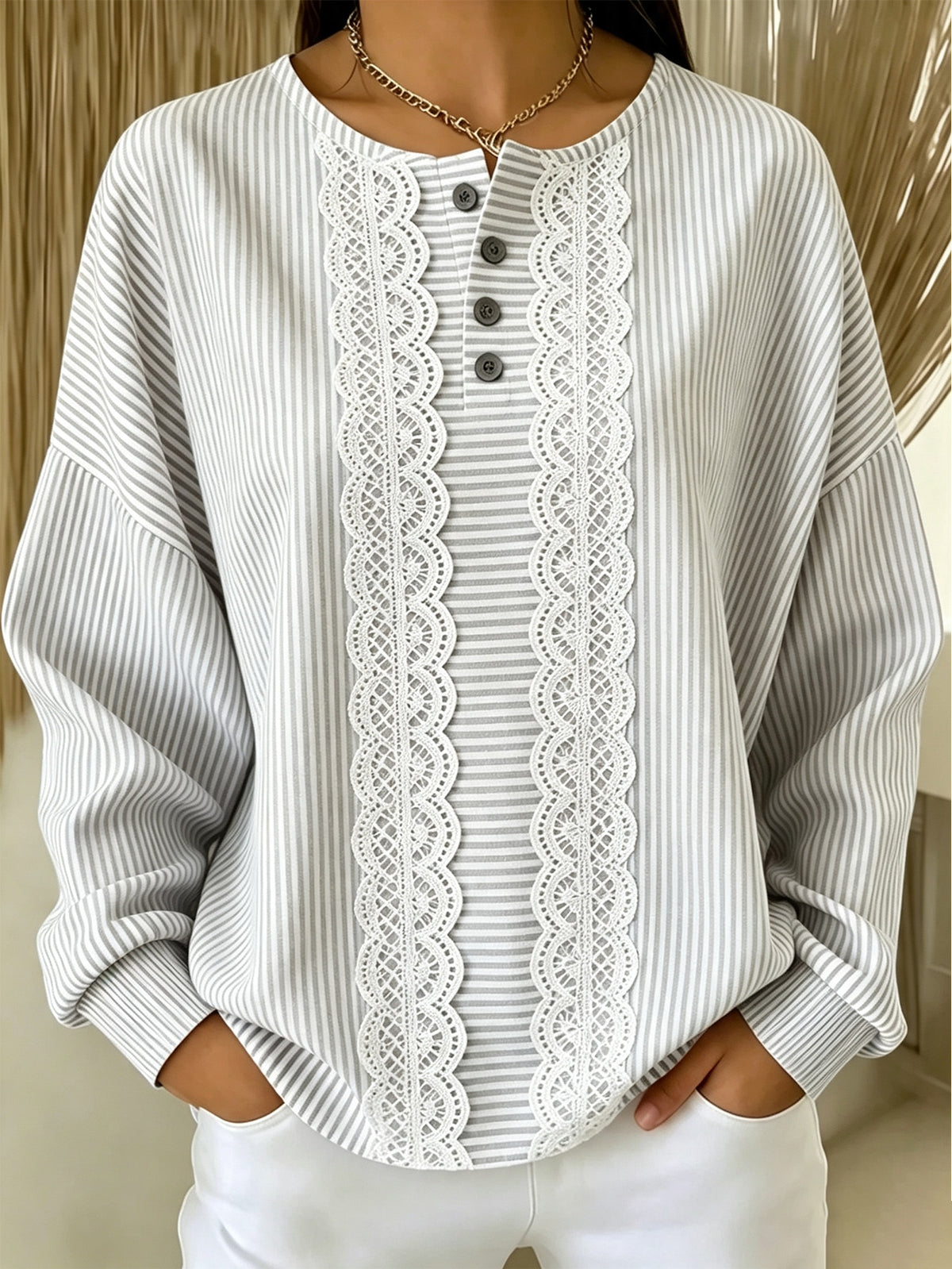Women's Lace Trim Striped Crewneck Sweatshirt Loose Fit Casual Pullover