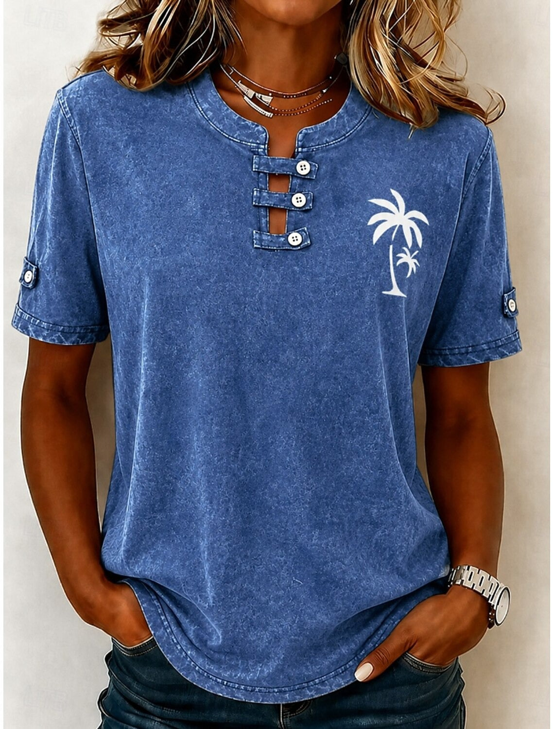 Women's Palm Tree Print Cutout Button Neck Short Sleeve T-Shirt