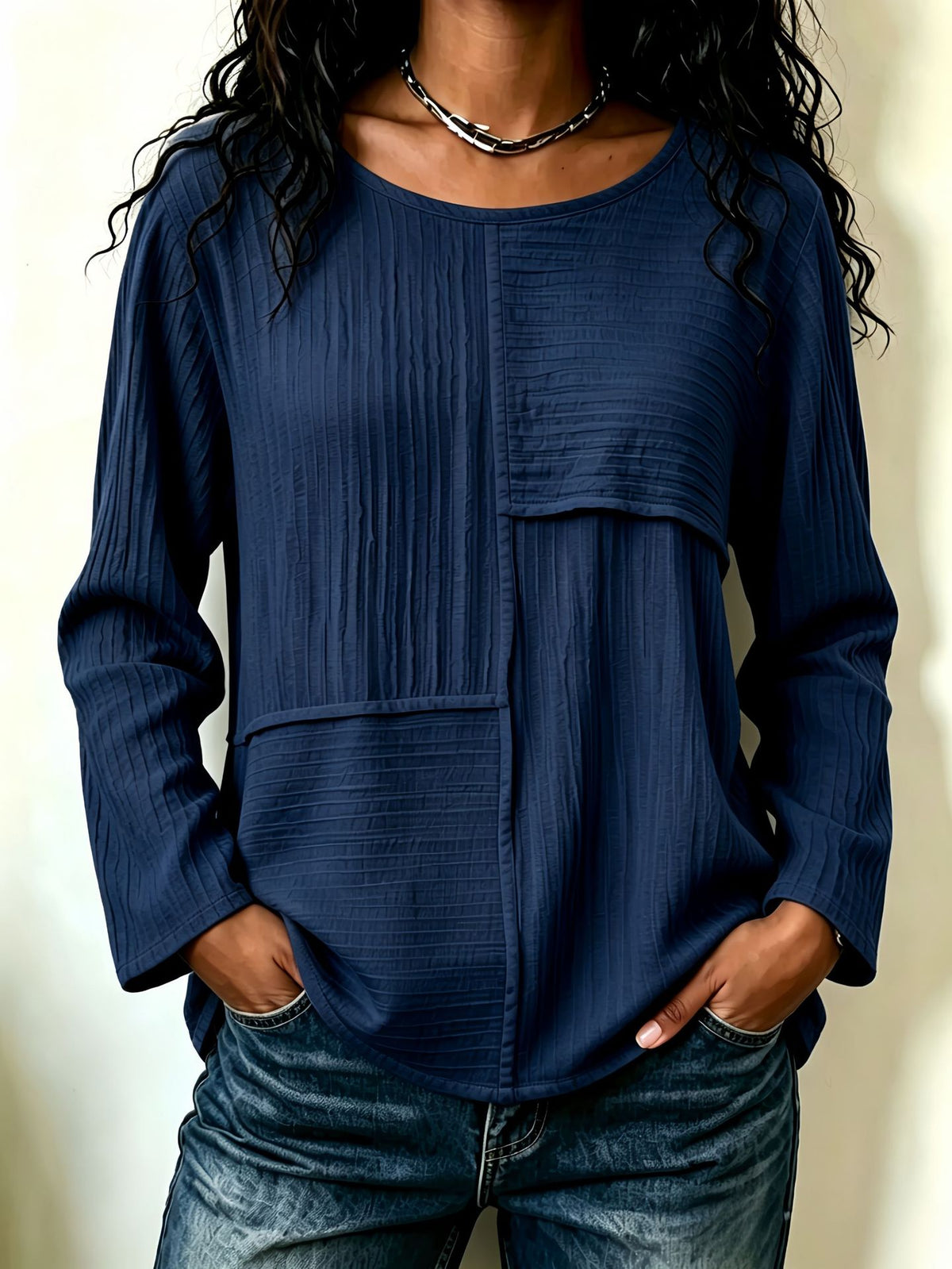 Women’s Patchwork Crewneck Long Sleeve Top Textured Loose Fit Casual Blouse