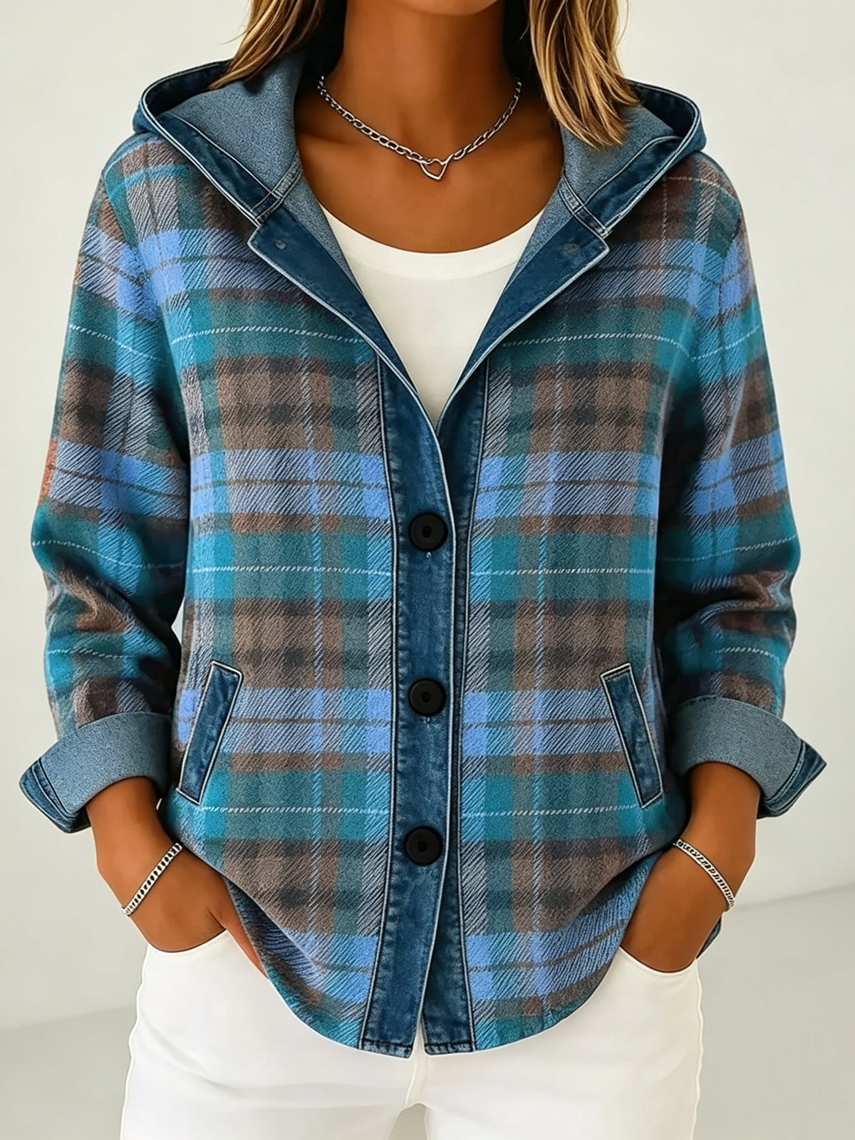 Women's Plaid Print Denim Long Sleeve Casual Loose Hooded Cardigan