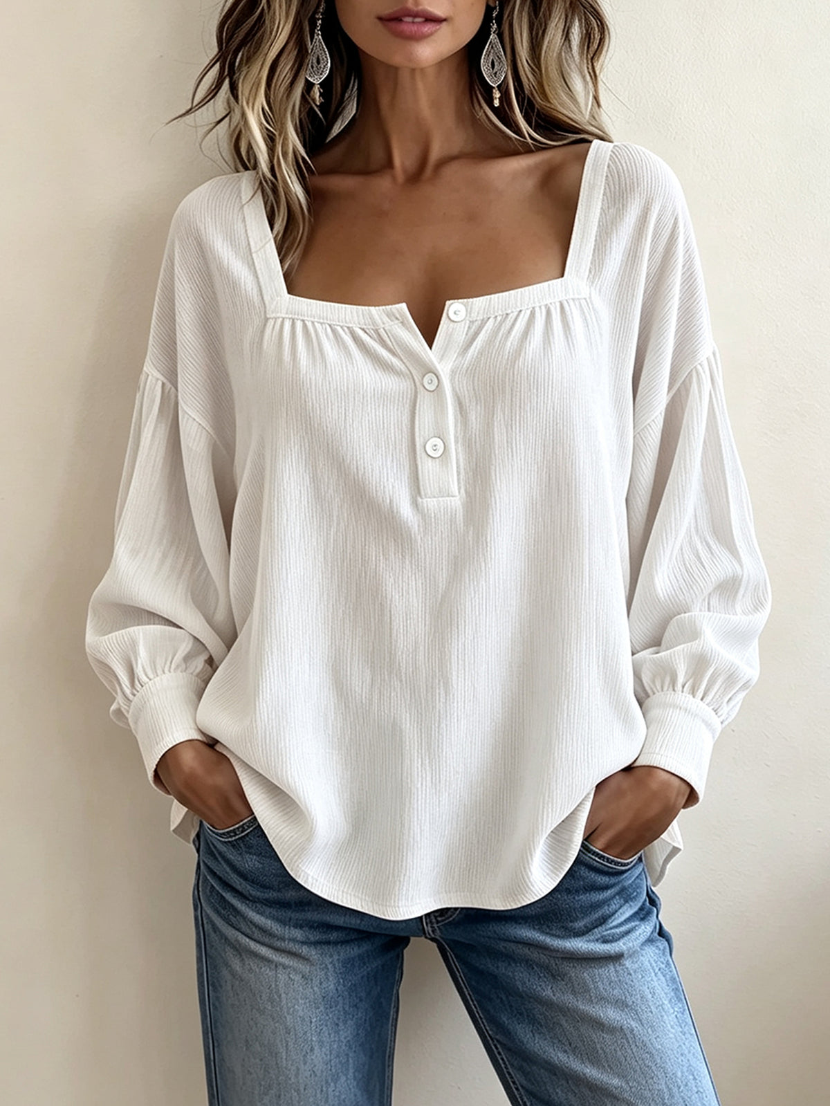 Women’s Square Neck Henley Blouse, Ribbed Puff Long Sleeve Loose Casual Top