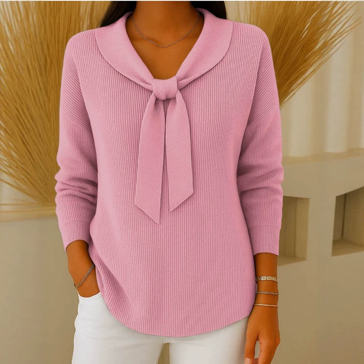 Women's Bow Tie Neck Knit Sweater, Relaxed Fit Long Sleeve Pullover Top