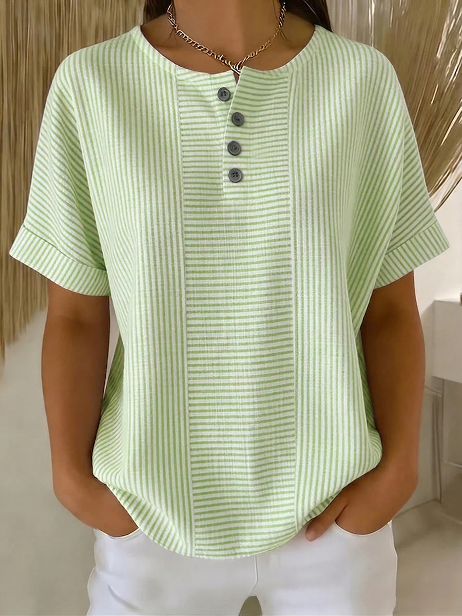 Color Block Stripe Henley Neck Rolled Short Sleeve Blouse