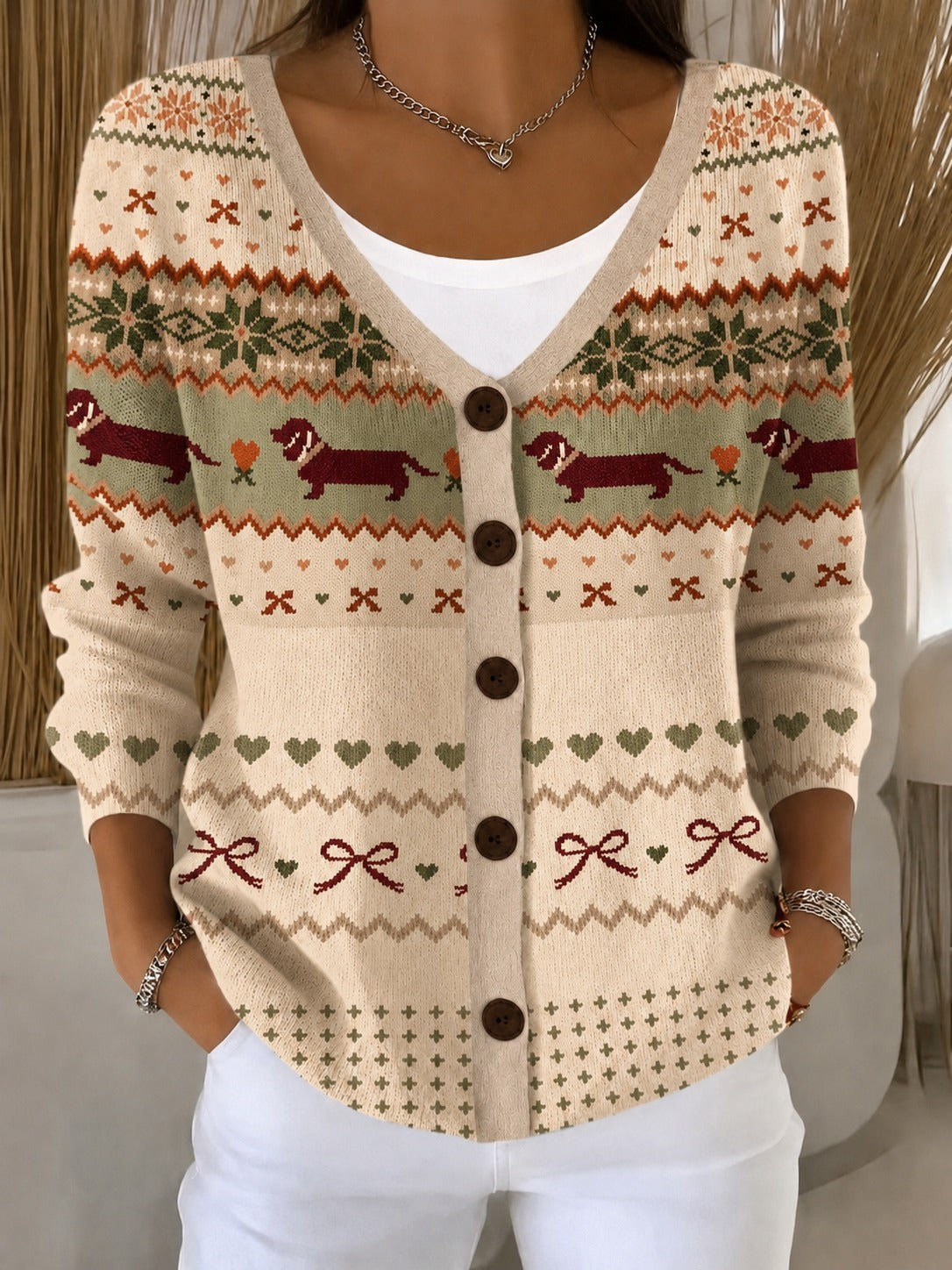 Women’s Vintage Pattern Cardigan Sweater, Contrast Button Front Knit Cardigan with Cute Jacquard Design