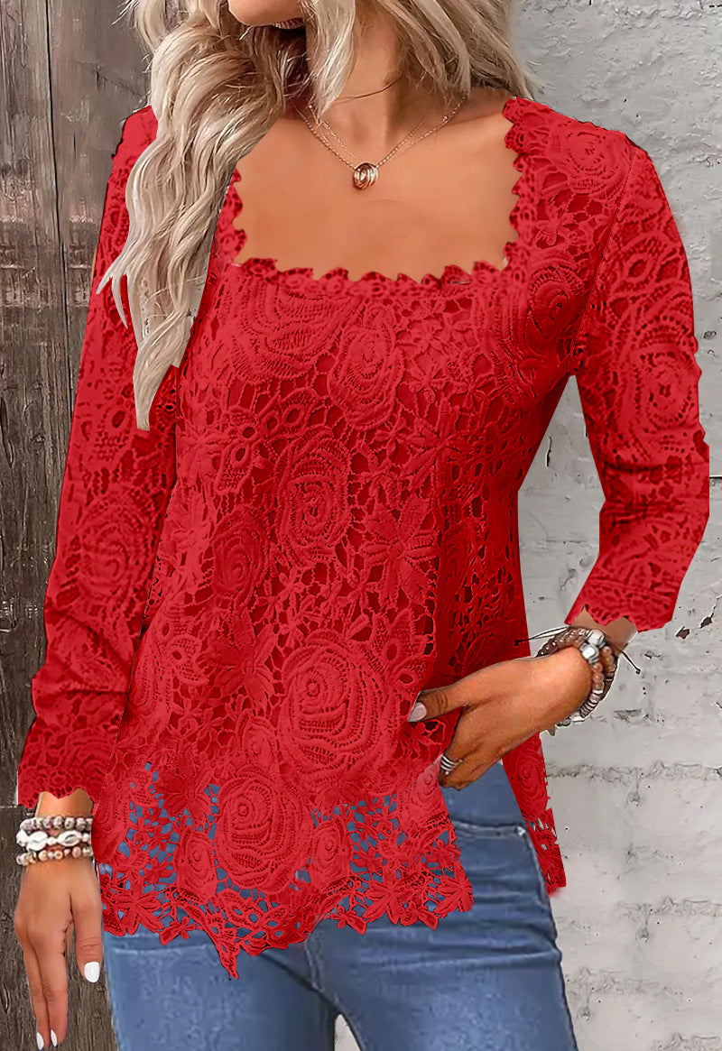 Women’s Floral Lace Square Neck Scalloped Hem Blouse