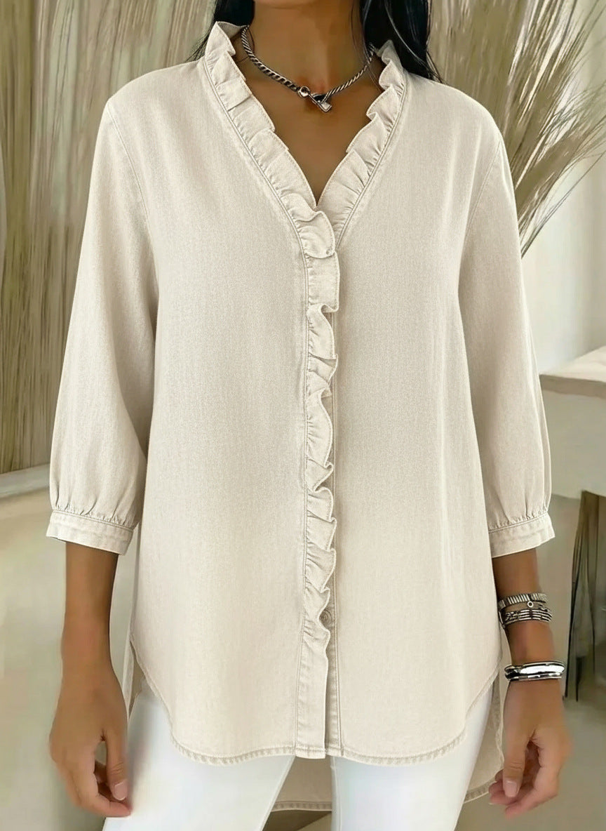 Women's Casual Denim V-Neck Ruffled Shirt