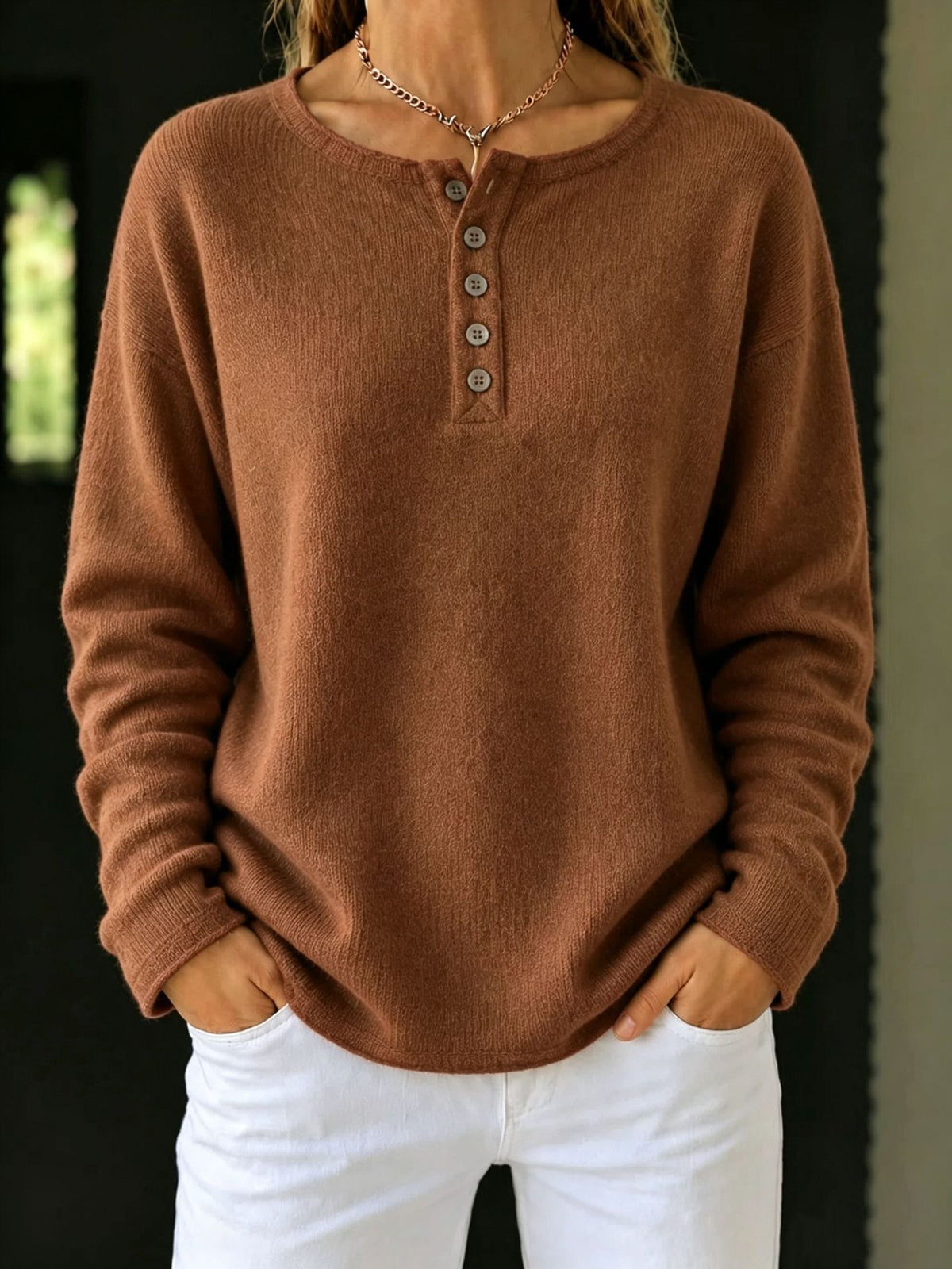 Henley Button Crew Neck Knit Sweater