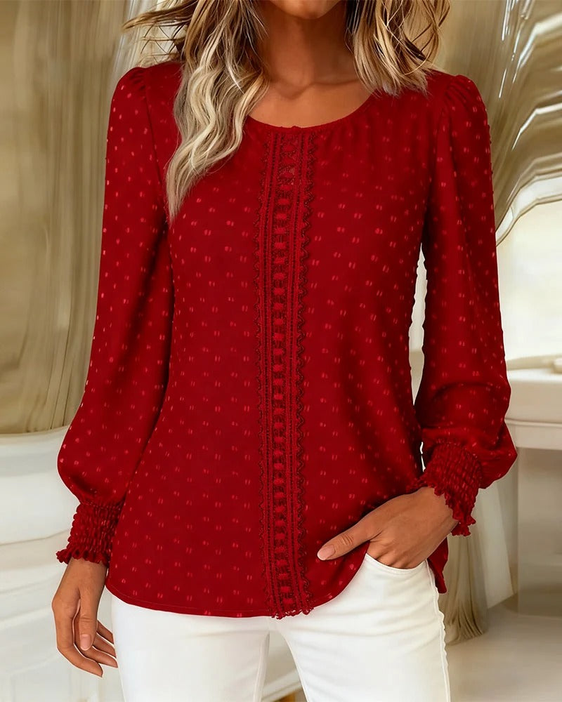 Women’s Long Sleeve Blouse Round Neck Lace Trim Casual Top
