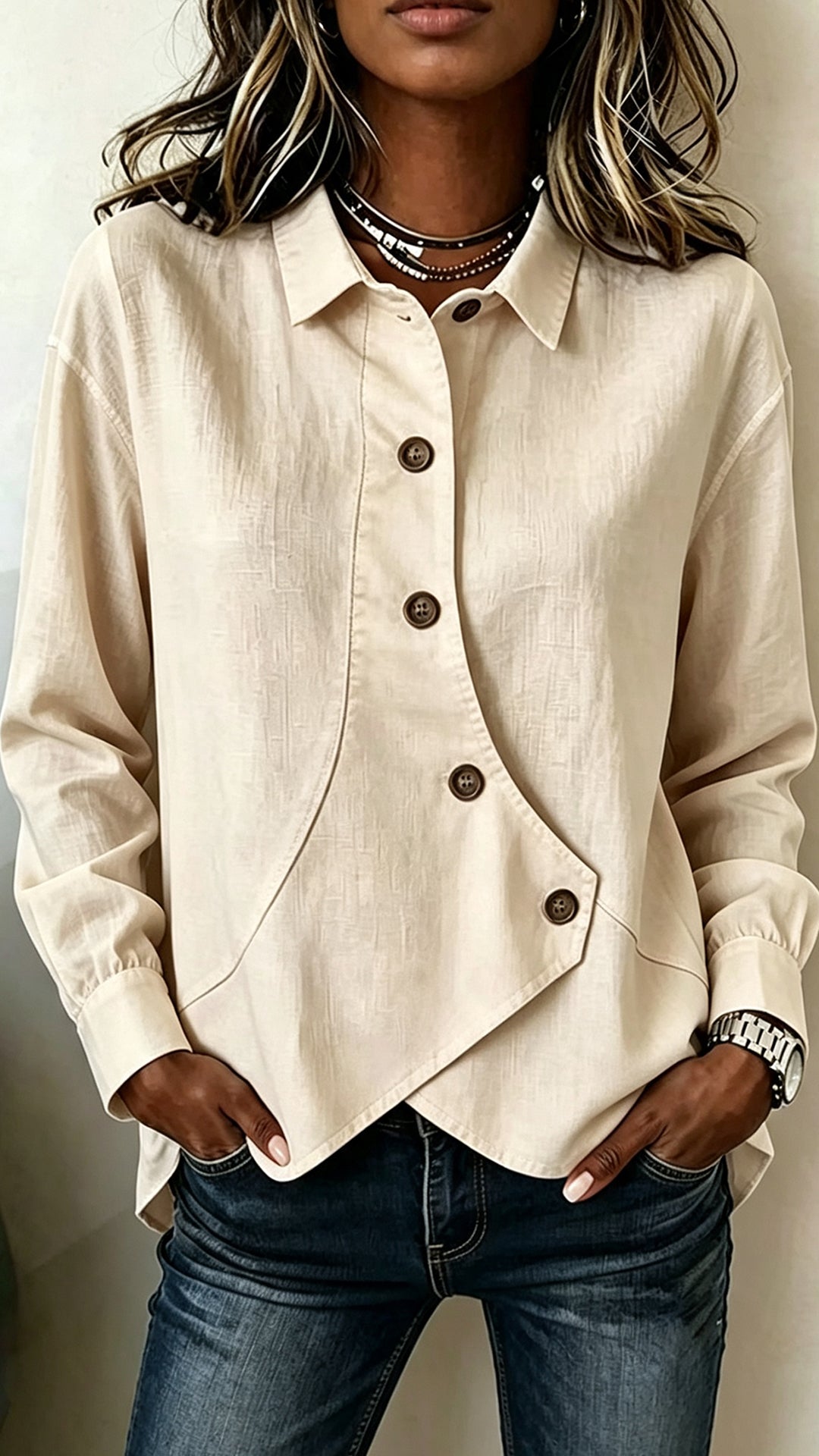 Asymmetrical Button-Up Collared Blouse