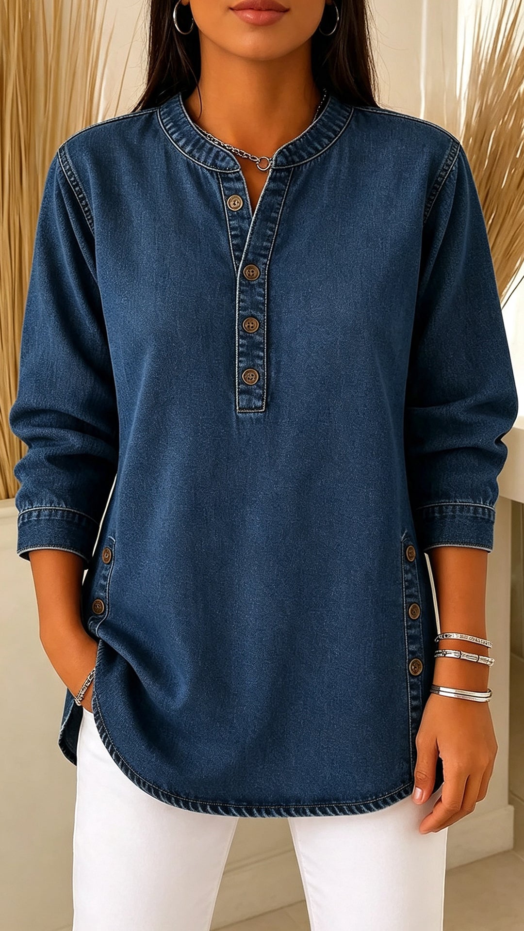 Women's Denim Henley Blouse Round Neck Button Detail Relaxed Long Sleeve Tunic Top