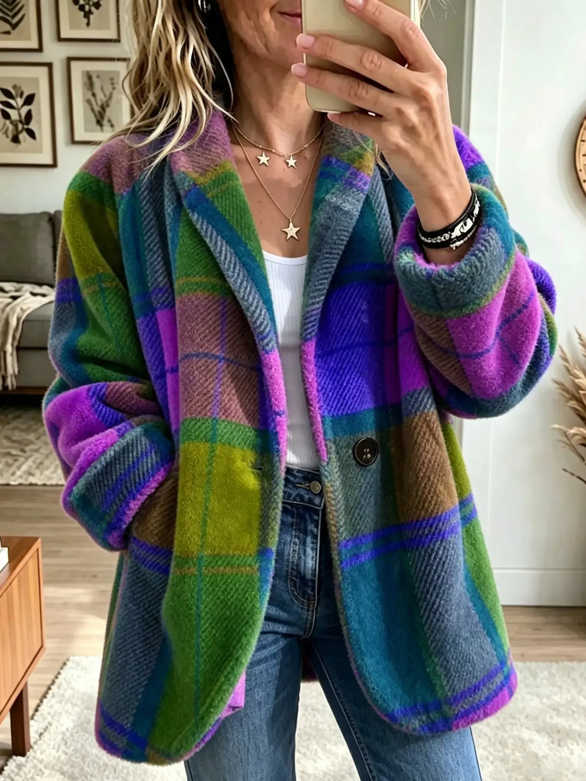 CLEARANCE SALEš„Vibrant Plaid Fuzzy Fleece Jacket