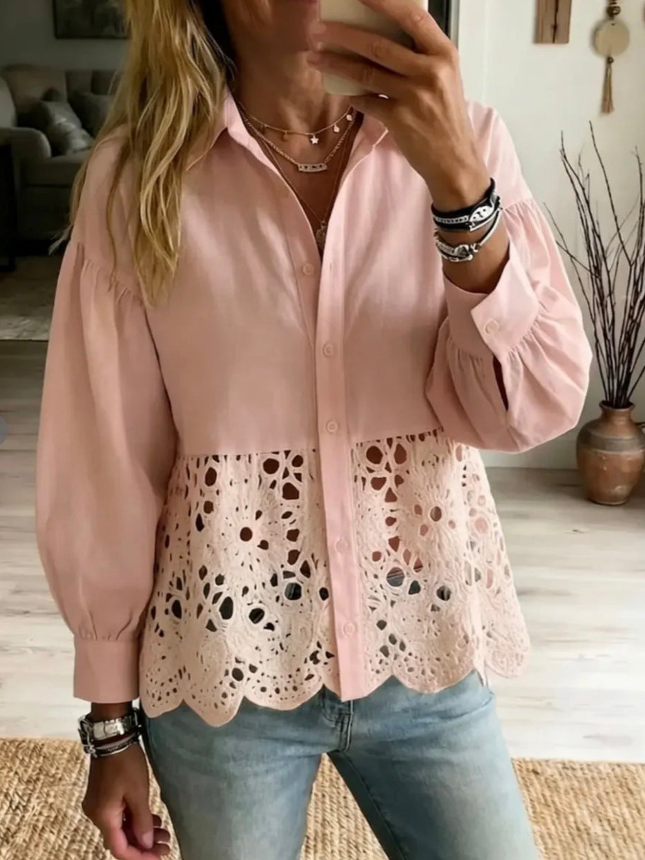 Eyelet Lace Patchwork Balloon Sleeve Button-Down Shirt