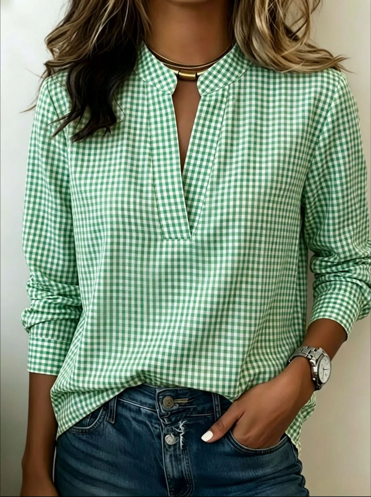 Split V Neck Gingham Long Sleeve Shirt Women Casual Plaid Blouse