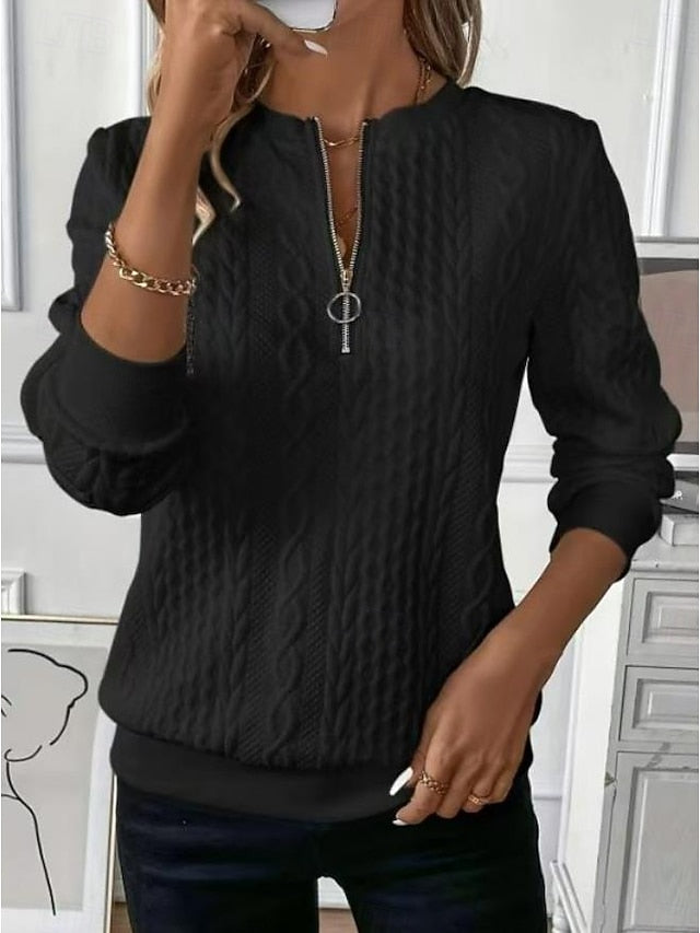Women's Sweatshirt Elegant Modern Plain Work Crew Neck Zipper Loose Fit Long Sleeve