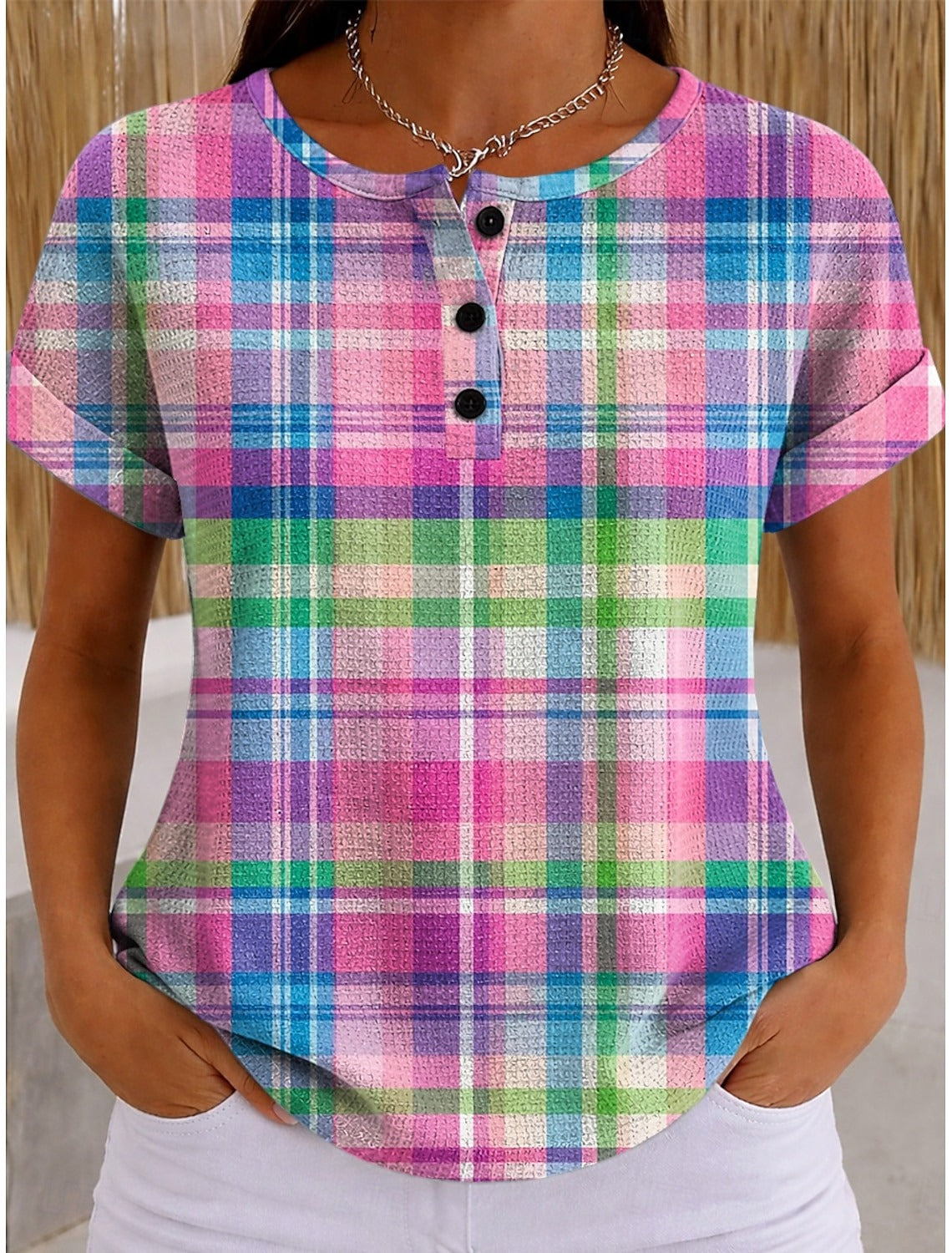 Women's Waffle Knit Plaid Button Detail Casual Short Sleeve Top