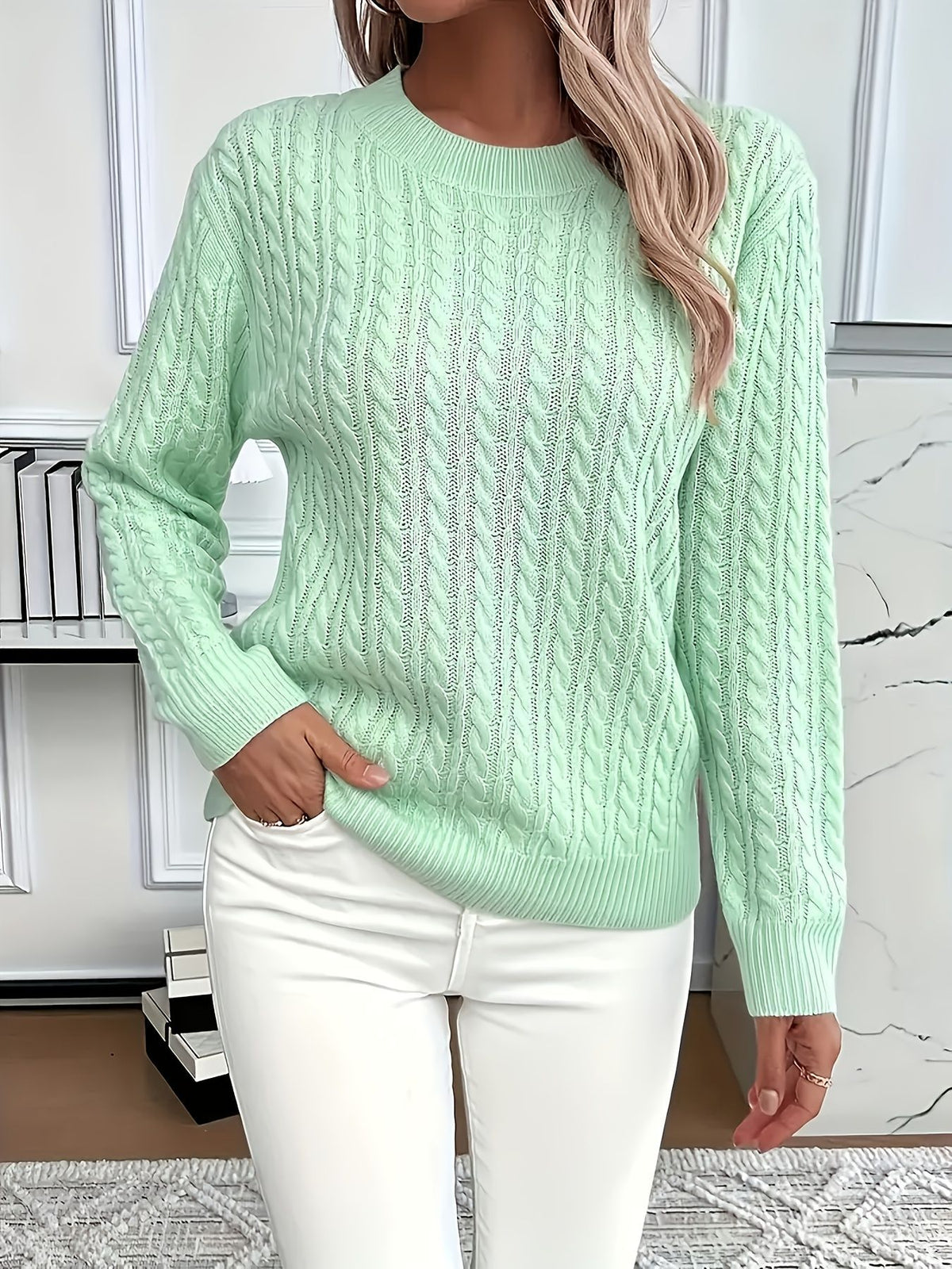 Cable Knit Crew Neck Long Sleeve Sweater