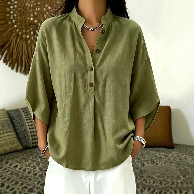 Women's Blouse Solid Color Elegant Casual 3/4 Length Sleeve Stand Collar Regular Tops