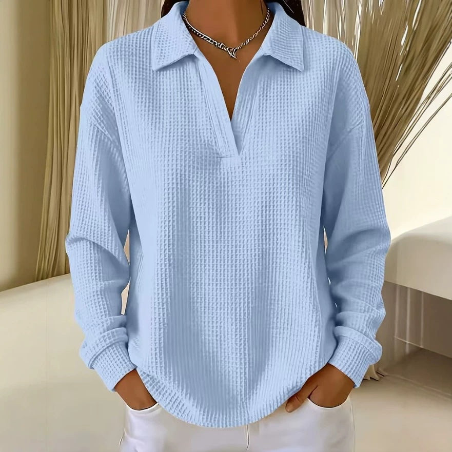 Waffle Knit Collared V-Neck Long Sleeve Top