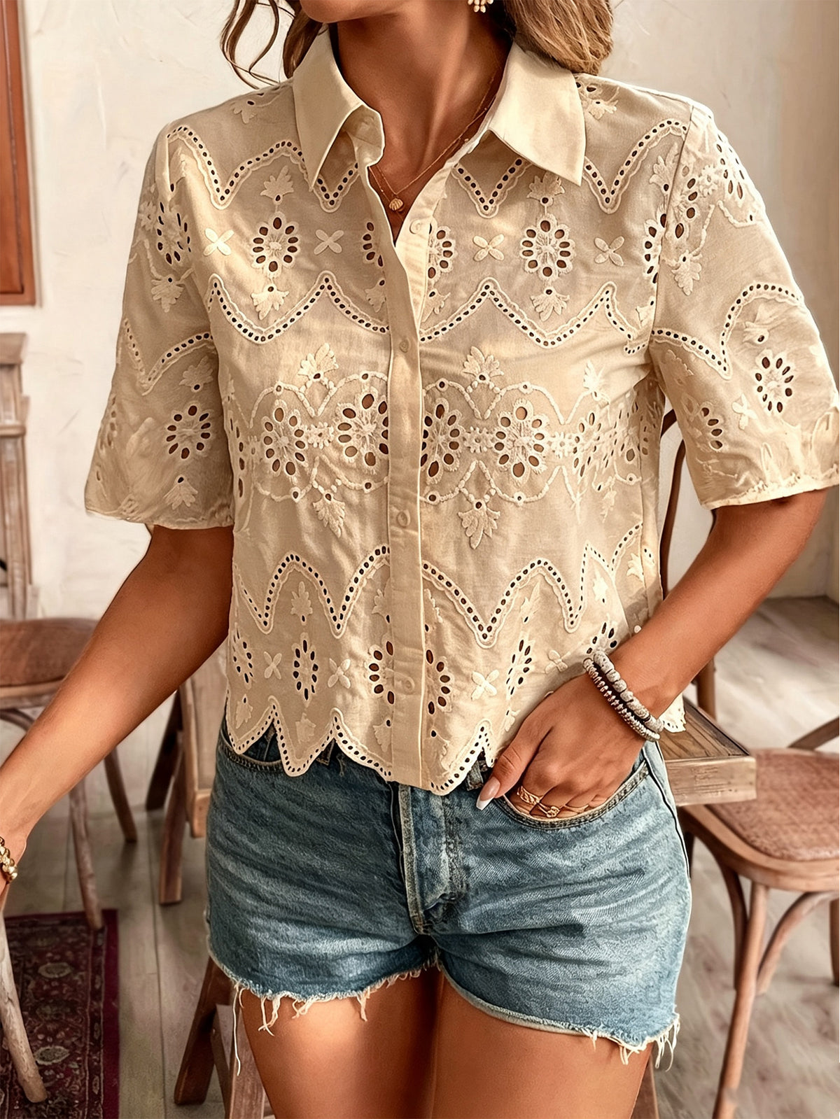 Women’s Eyelet Embroidered Short Sleeve Shirt, Button Down Hollow Out Scallop Trim Casual Blouse