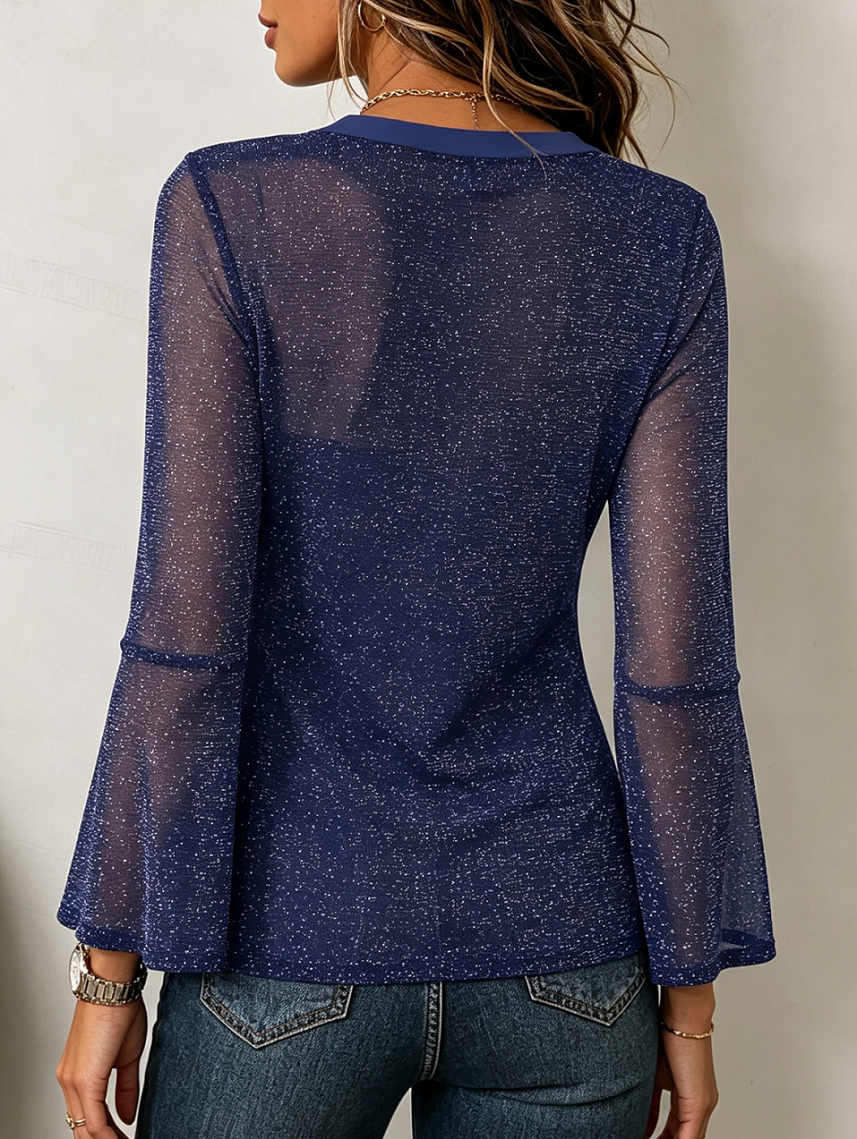 Women’s V-Neck Flare Sleeve Top Sheer Mesh Glitter Long Sleeve Blouse