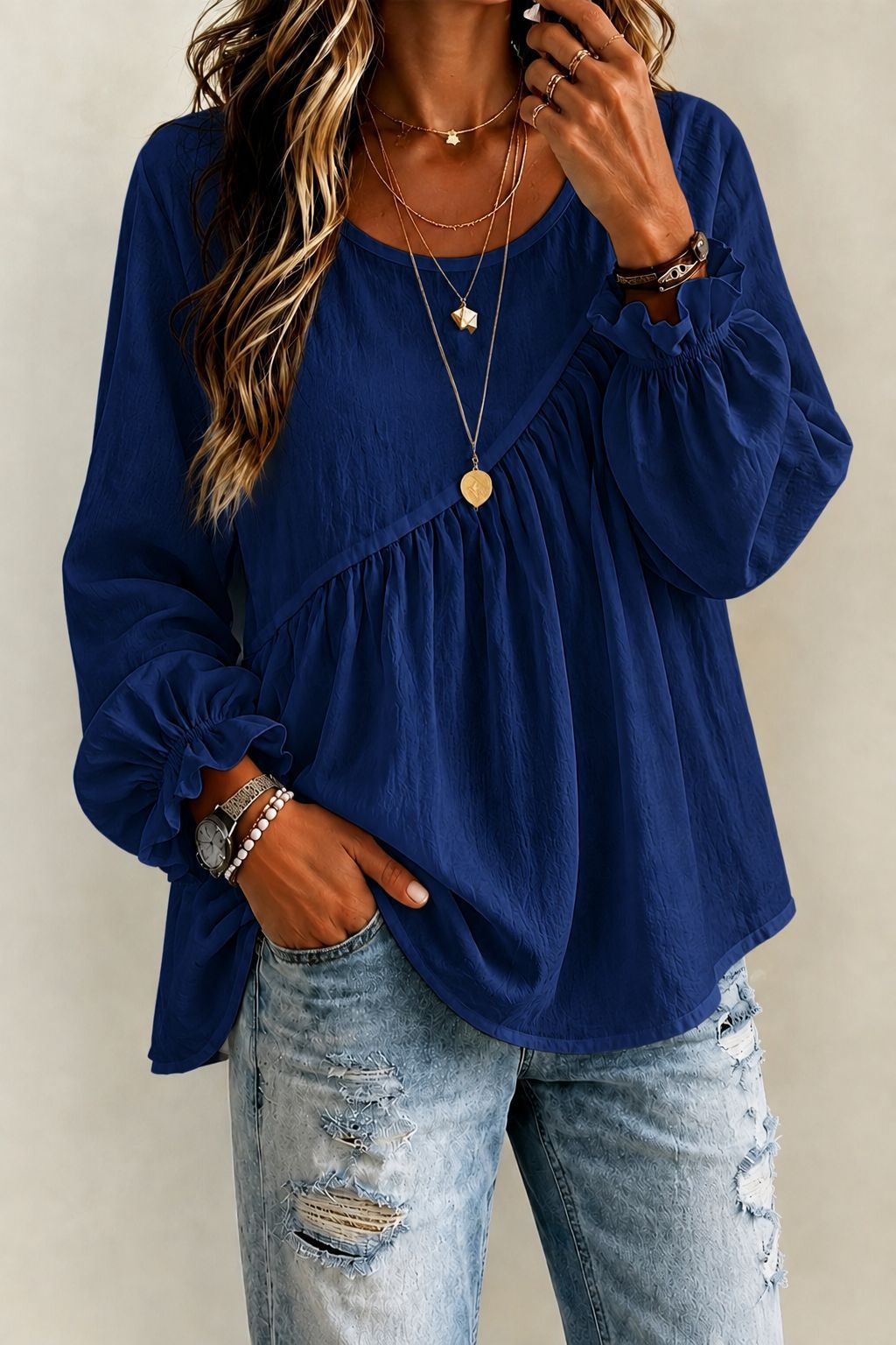 Women’s Long Sleeve Ruffle Blouse Round Neck Loose Casual Top