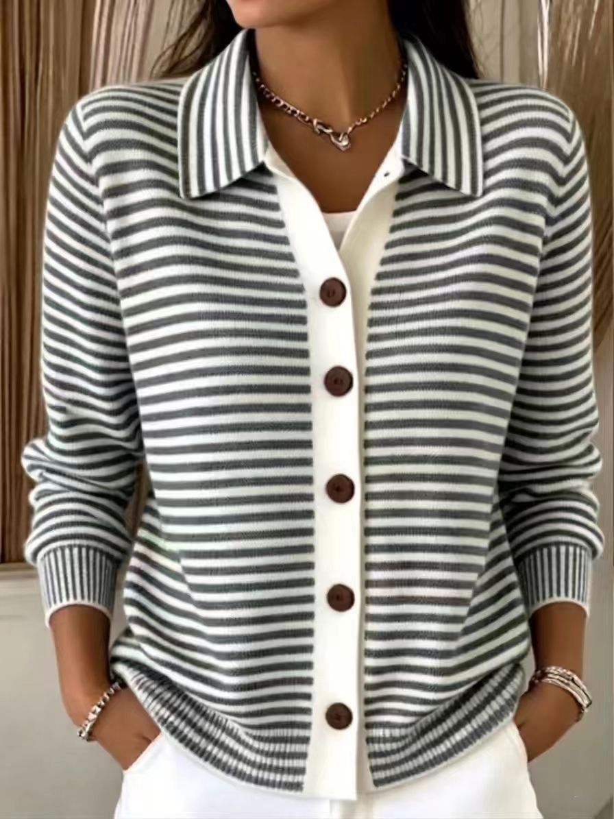 Women’s Striped Collared Knit Cardigan Button Front Long Sleeve Sweater