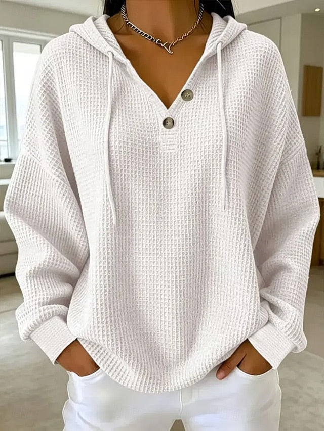 đ Womenâs Waffle Knit Hoodie V-Neck Button Long Sleeve Loose Casual Pullover