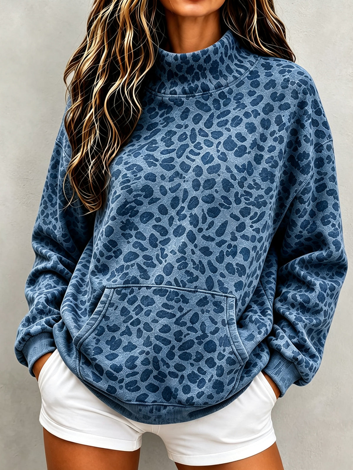 đ Womenâs Leopard Print High Neck Sweatshirt Long Sleeve Loose Casual Pullover