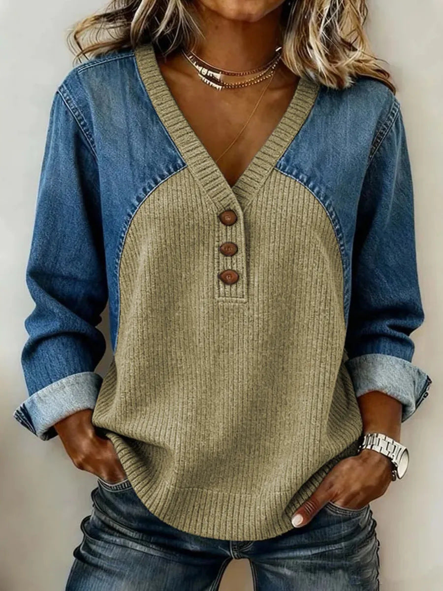 đ§¶ Womenâs Denim Patchwork Knit Top V-Neck Button Long Sleeve Casual Sweater