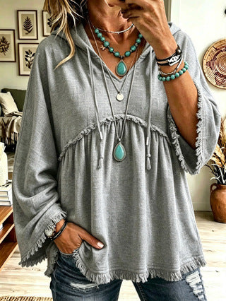Women’s Hooded Flare Sleeve Top V-Neck Drawstring Fringe Hem Casual Blouse