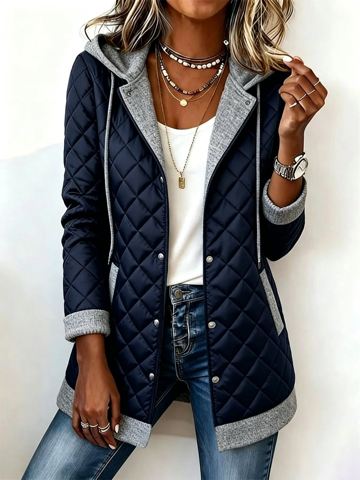 đ§„ Womenâs Quilted Jacket Hooded Knit Trim Open Front Padded Casual Winter Coat
