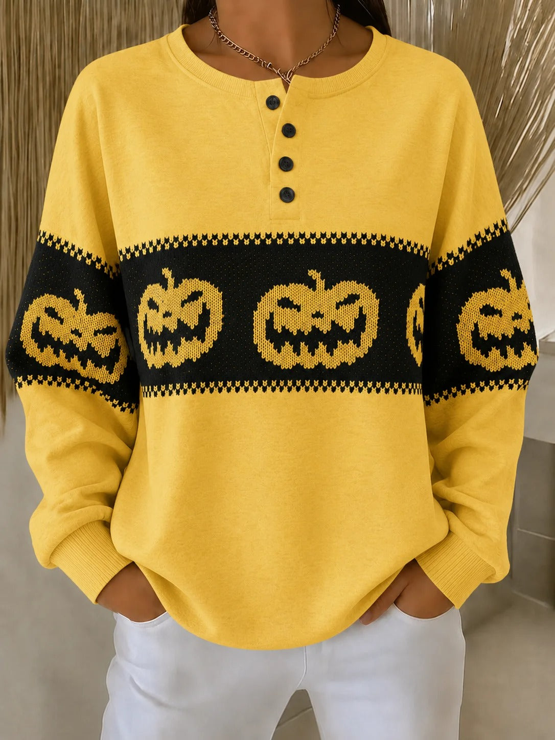 🎃 Women’s Halloween Pumpkin Polo Shirt Crew Neck Buttoned Long Sleeve Casual Top