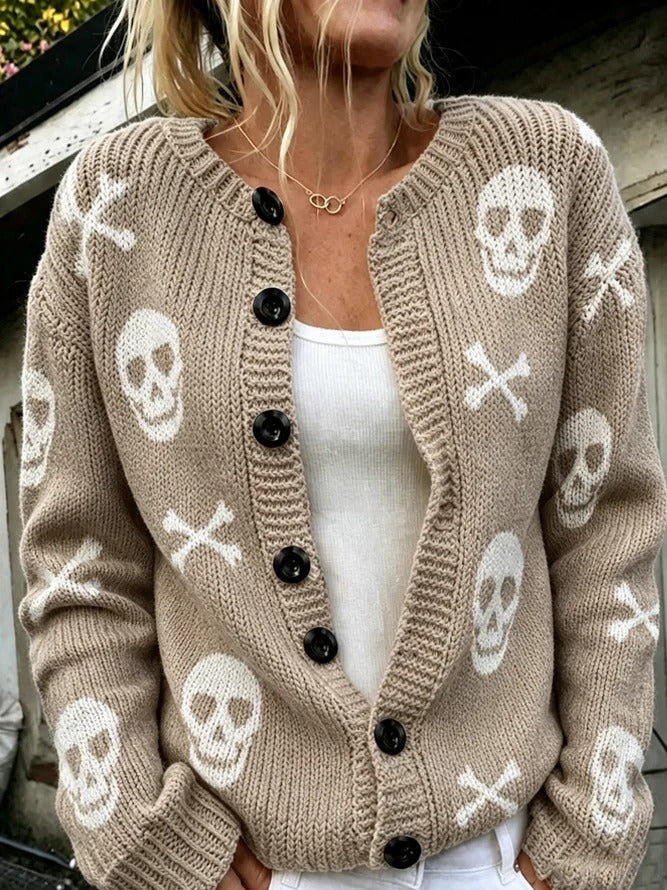 ☠️ Women’s Halloween Skull Cardigan Sweater Buttoned Long Sleeve Loose Knit Coat