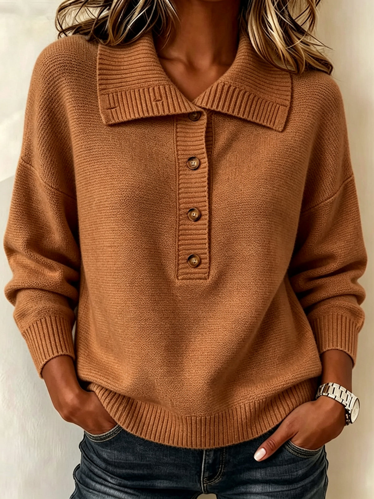 Women’s Collared Knit Sweater Buttoned Long Sleeve Loose Casual Pullover