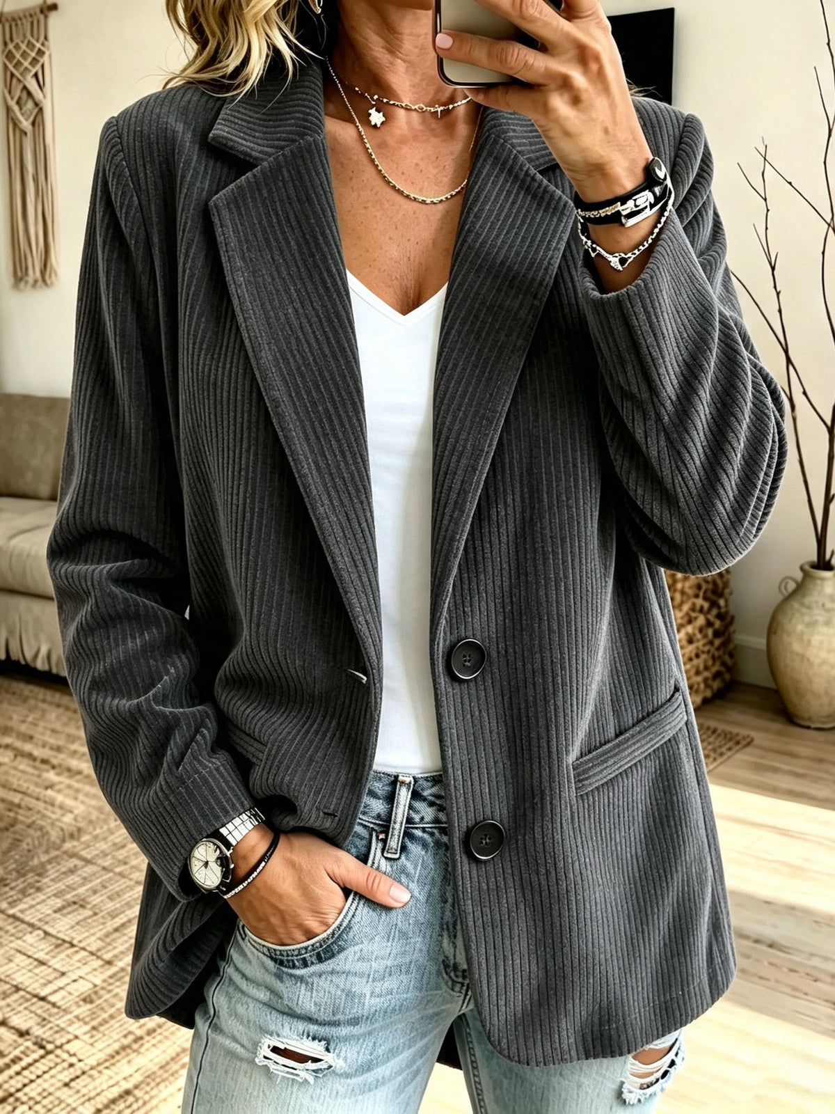 Women’s Casual Corduroy Blazer Notched Lapel Buttoned Long Sleeve Jacket