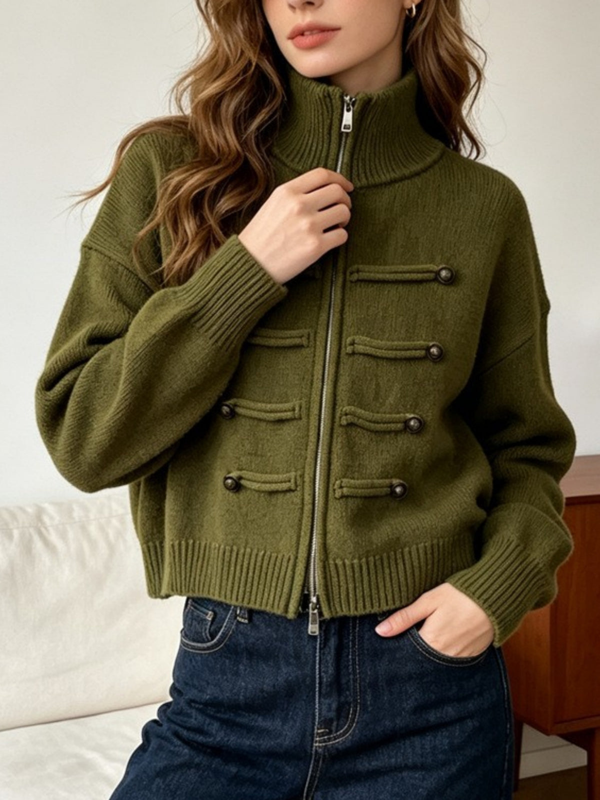 Women’s Napoleon Button Knit Cardigan Stand Collar Zip-Up Loose Sweater Coat