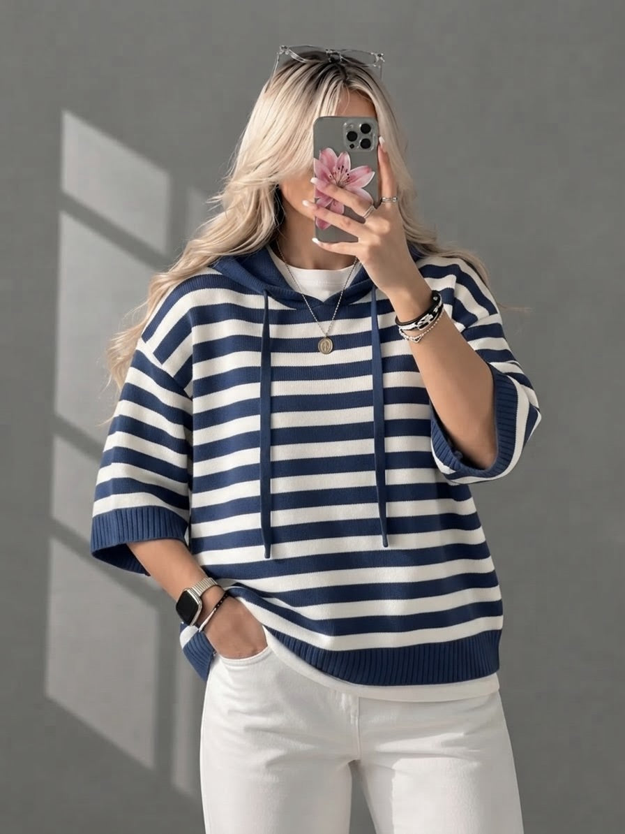 Women’s Casual Hooded Striped Sweater Half Sleeve Loose Knit Pullover