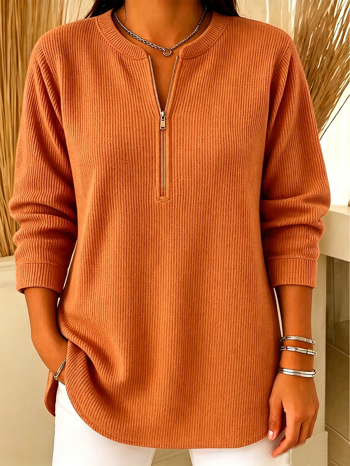 💙 Women’s Casual Knit Half Zip Top Round Neck Long Sleeve Loose Sweater Blouse