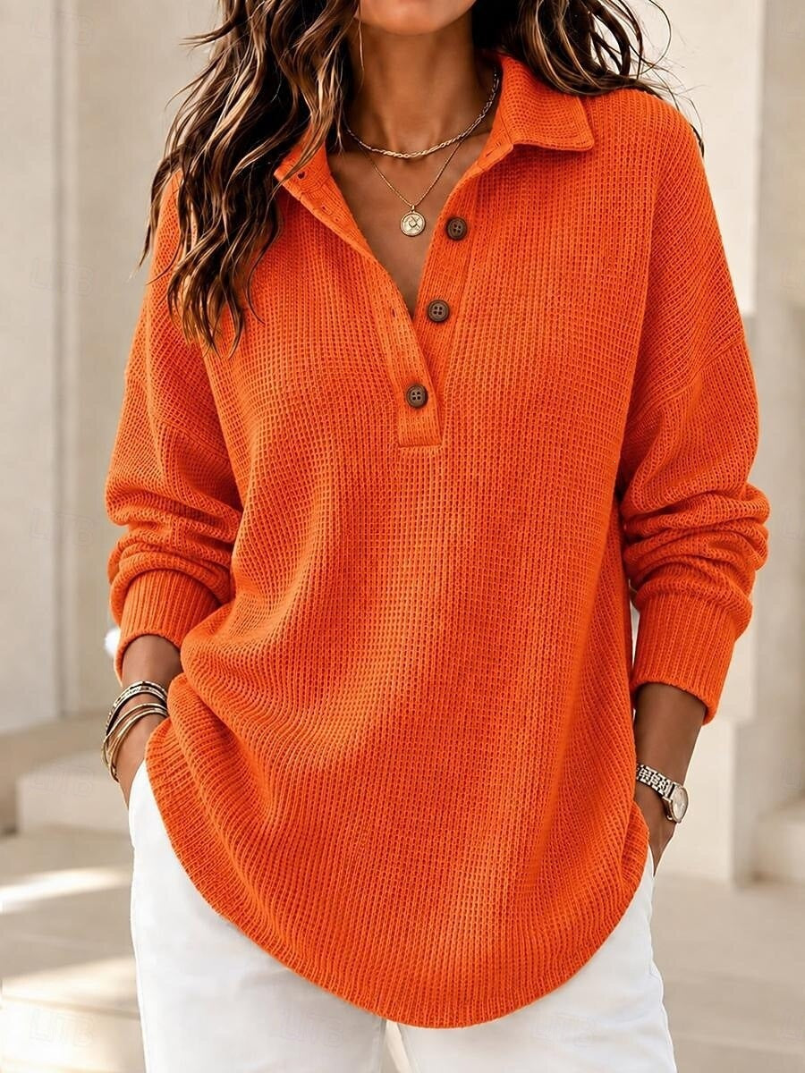 💛 Women’s Waffle Knit Polo Shirt Button Placket Long Sleeve Loose Top