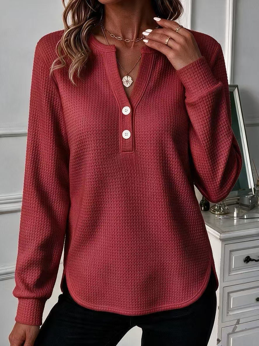 đ€ Womenâs Waffle Knit Polo Shirt Henley Neck Button Placket Long Sleeve Loose Top
