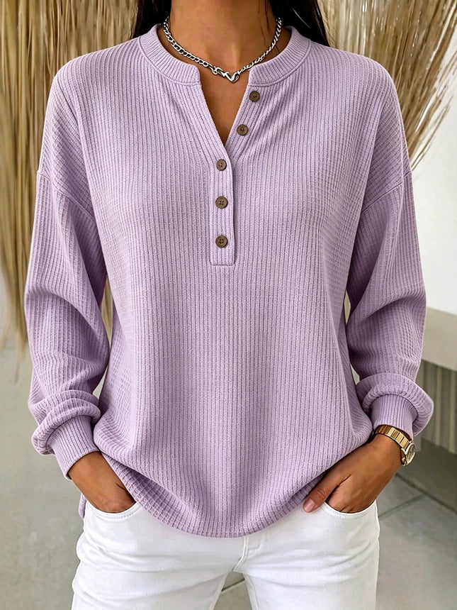 đ§Ą Womenâs Knit Polo Shirt Ribbed Henley Neck Button Placket Long Sleeve Loose Top