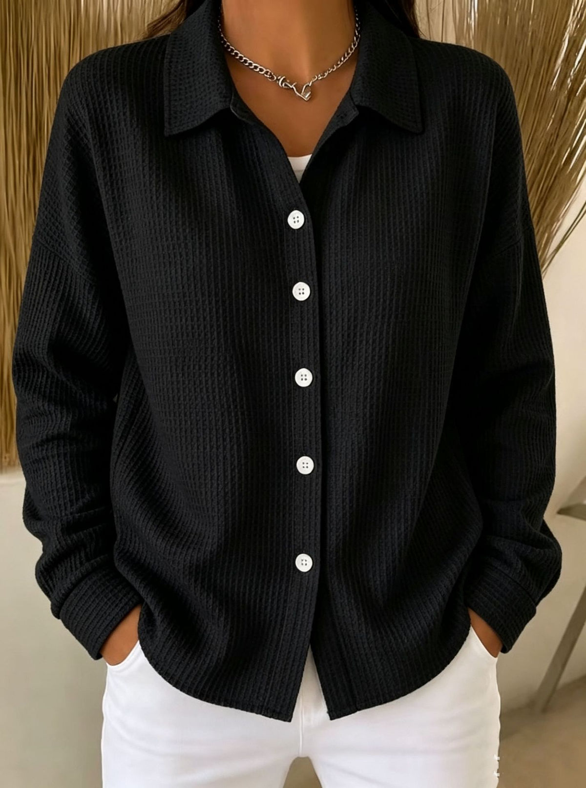 💙 Women’s Waffle Knit Shirt Collared Button-Down Long Sleeve Loose Top
