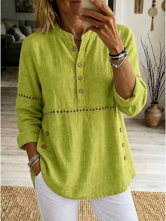 ❤ Women’s Cutout Patchwork Polo Shirt Henley Neck Button Placket Long Sleeve Loose Top