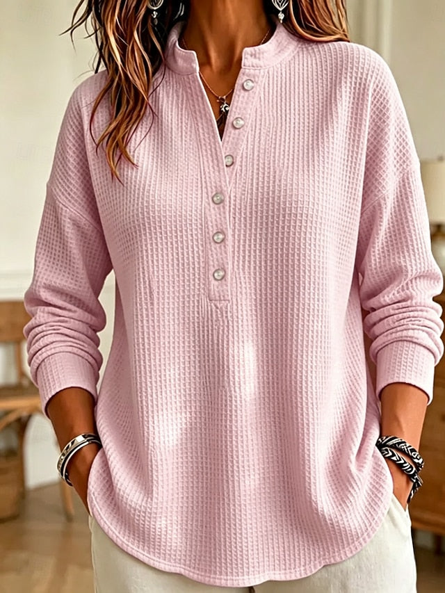 💙 Women’s Waffle Knit Polo Shirt Stand Collar Button Placket Long Sleeve Loose Top