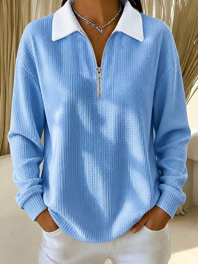 š„Red Half Zip Collared Waffle Knit Sweatshirt